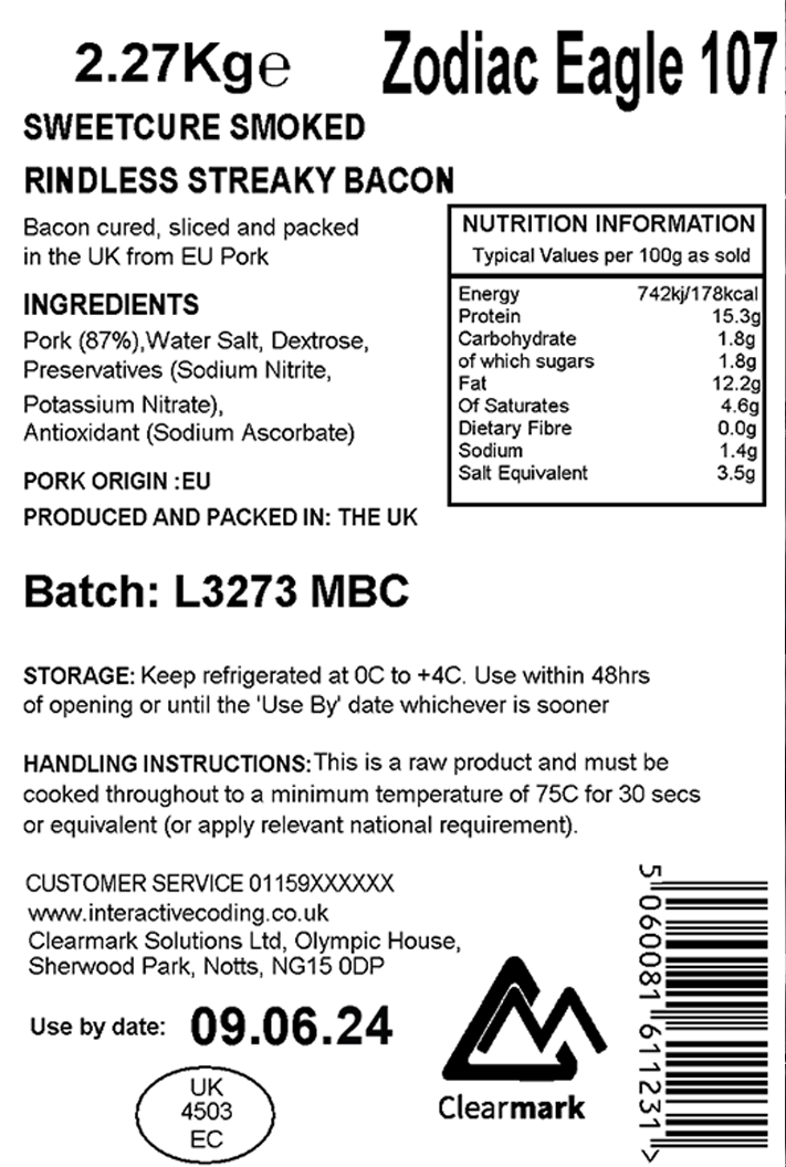 ICE Zodiac Eagle large print sample area continous requirements allergens uk regulations